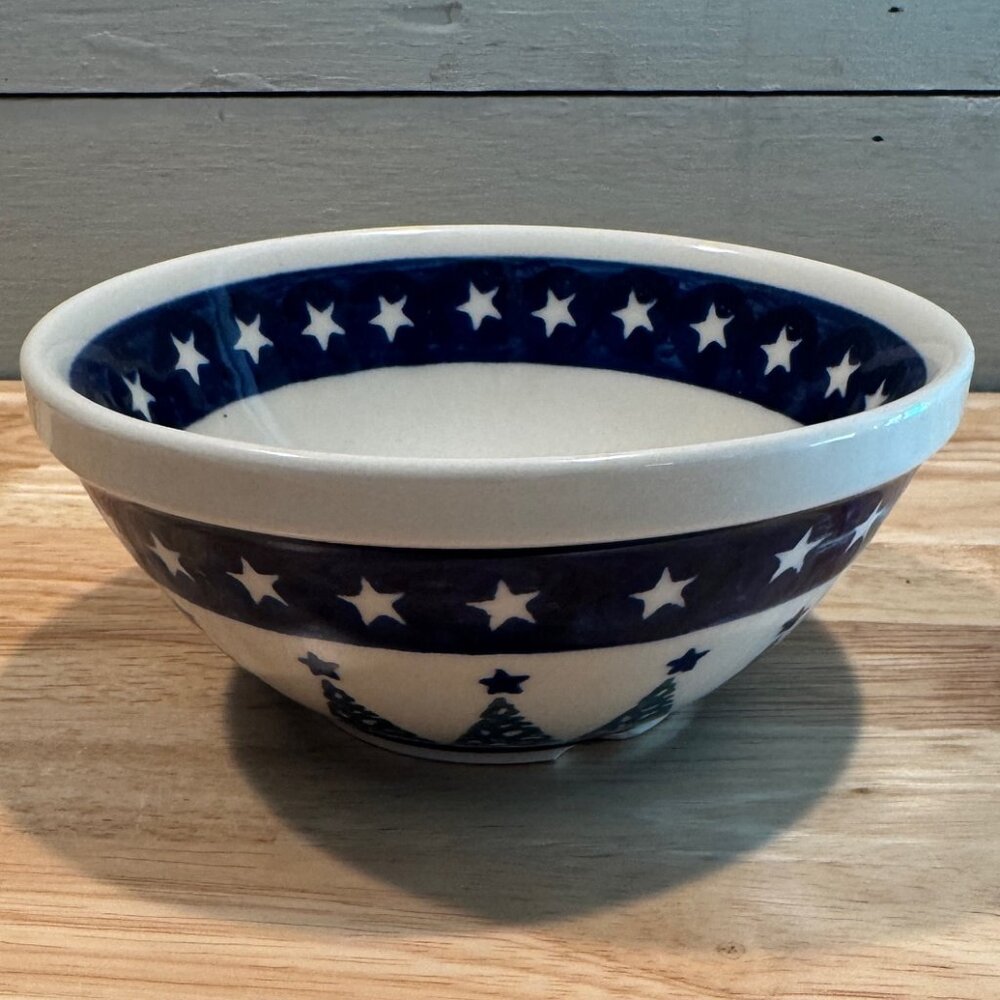 Boleslawiec Handmade Christmas Bowl with Trees and Stars Blue, White and Green